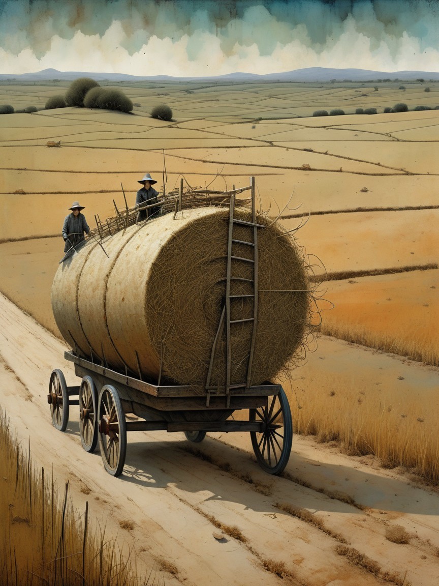 Rustic Scene of Farmers with Hay Cart in Countryside