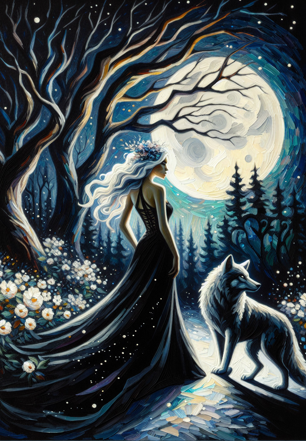 Silhouette of a Woman and Wolf Under a Full Moon