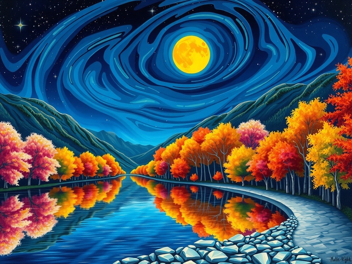 Vibrant Landscape with River and Starry Night Sky