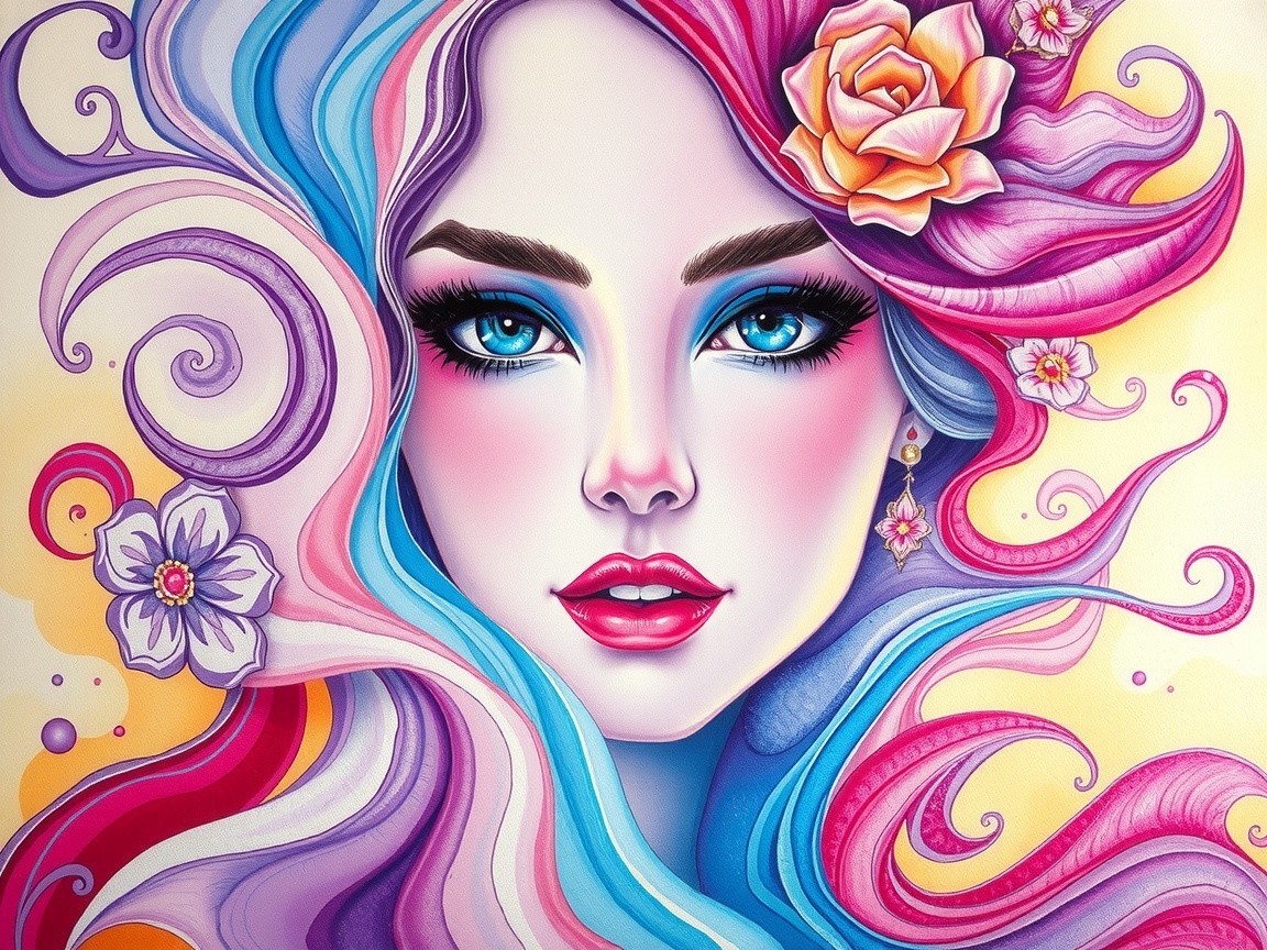 Stylized portrait of a woman with vibrant hair and flowers