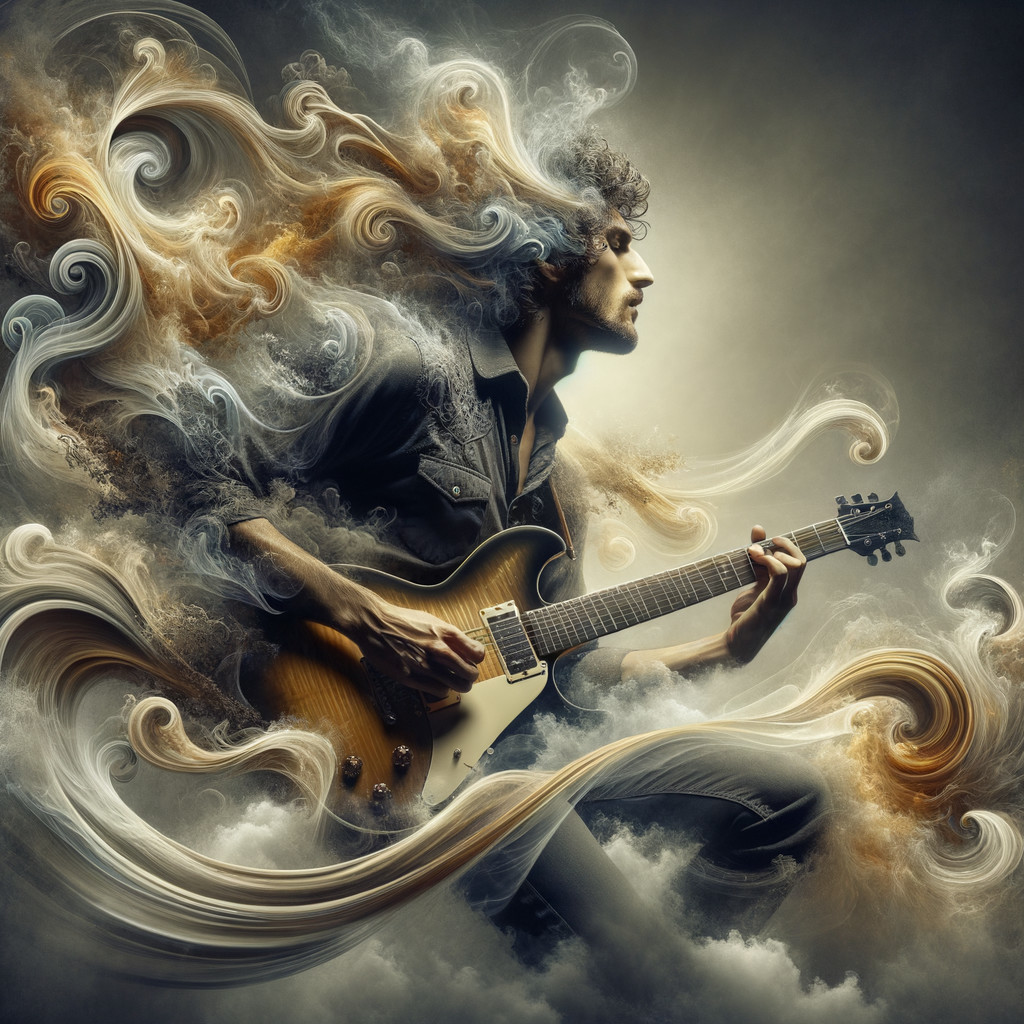 Electric Guitar Performance Amidst Colorful Smoke Patterns