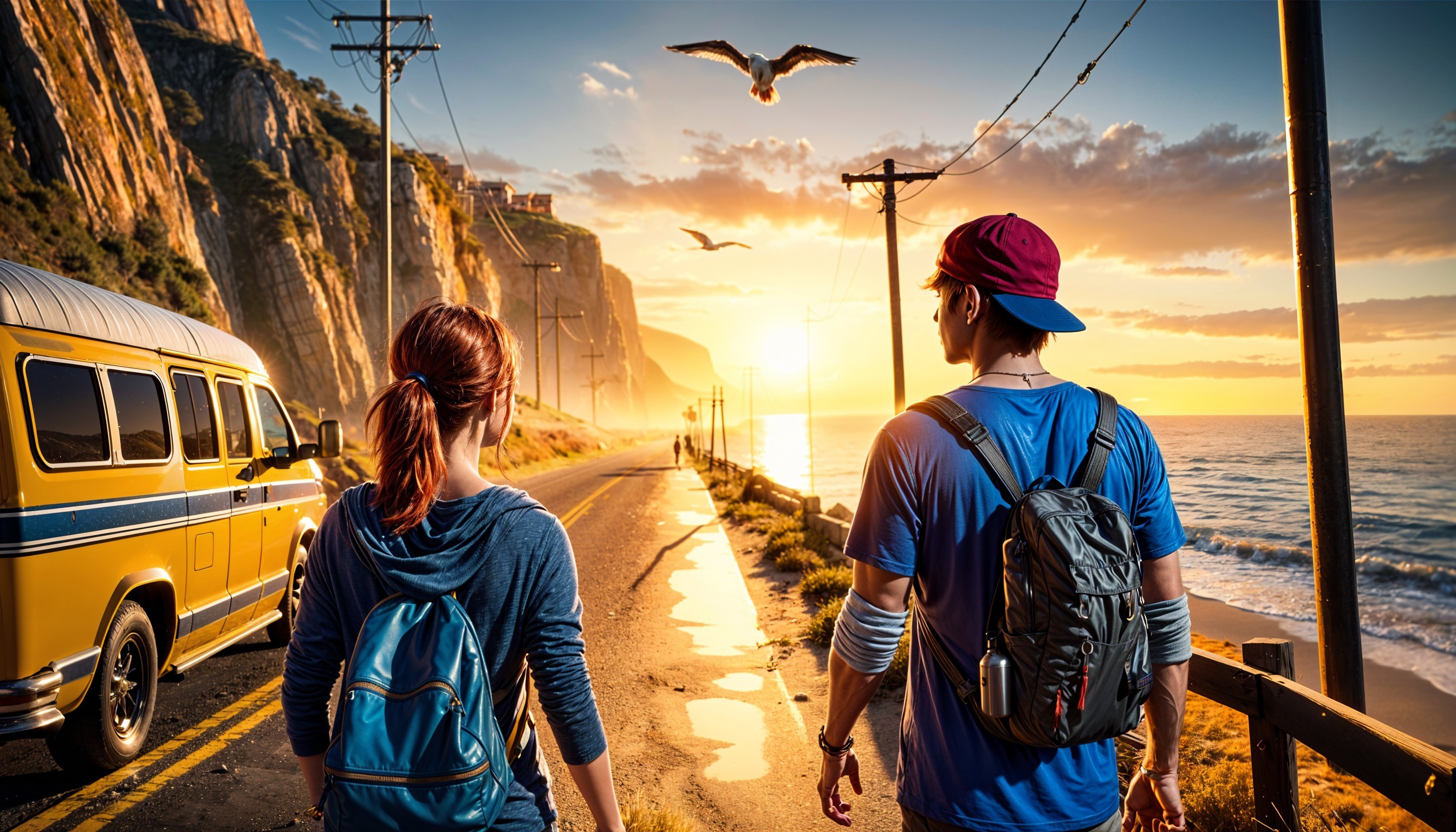Coastal Road Sunset with Friends and Vintage Van