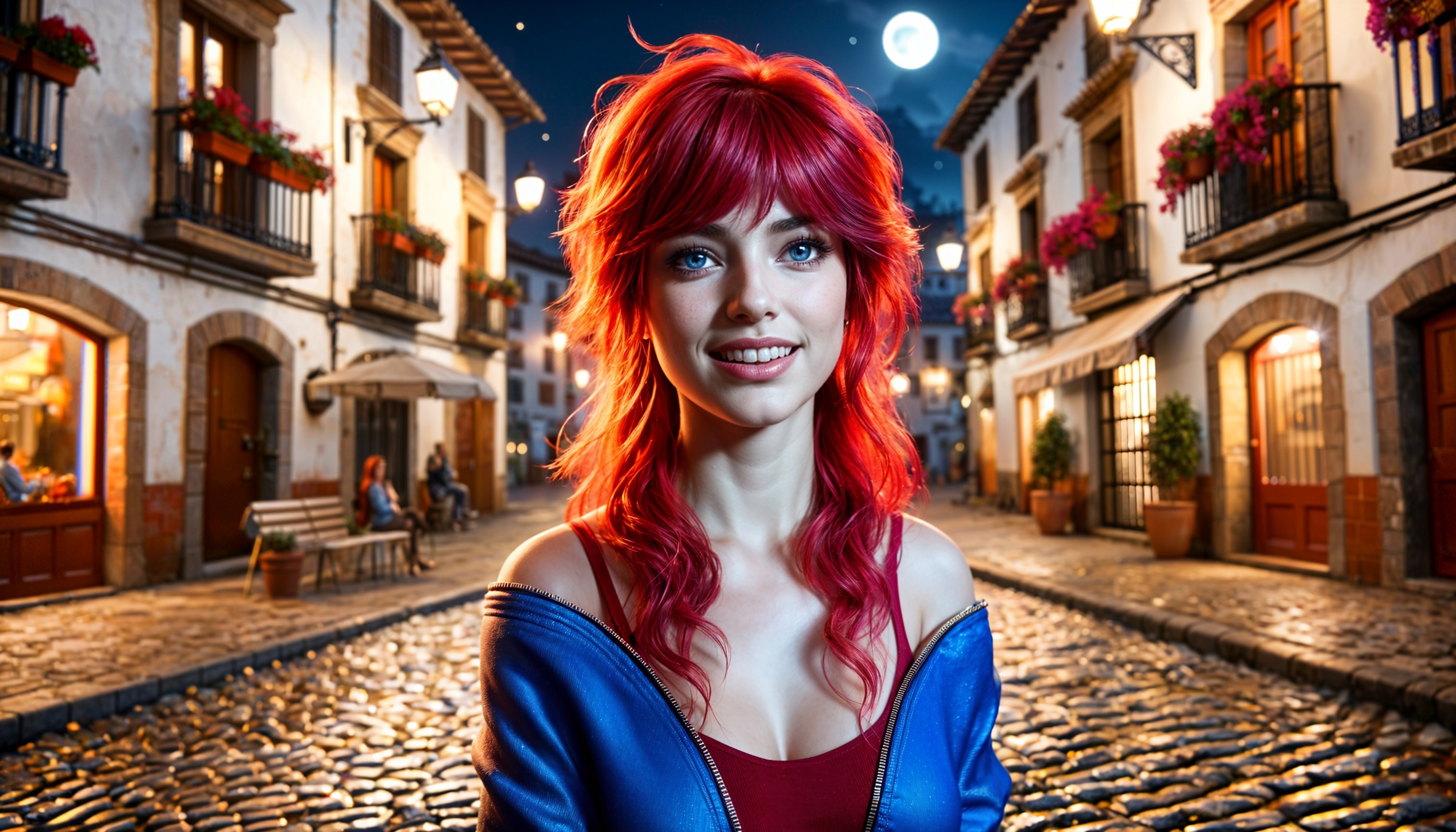 Moonlit Cobblestone Street with Vibrant Redhead