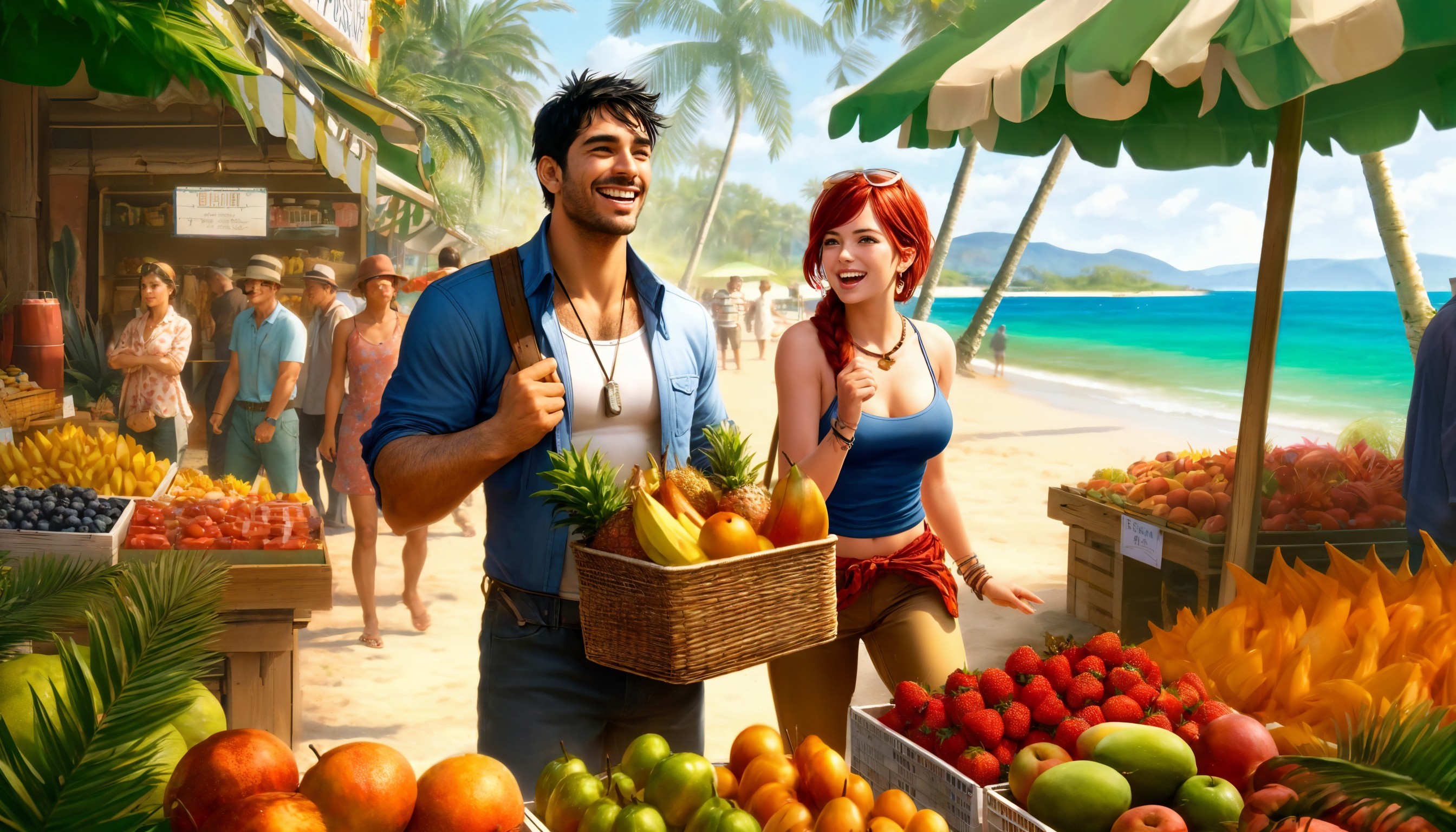 Vibrant beach market with couple and colorful stalls