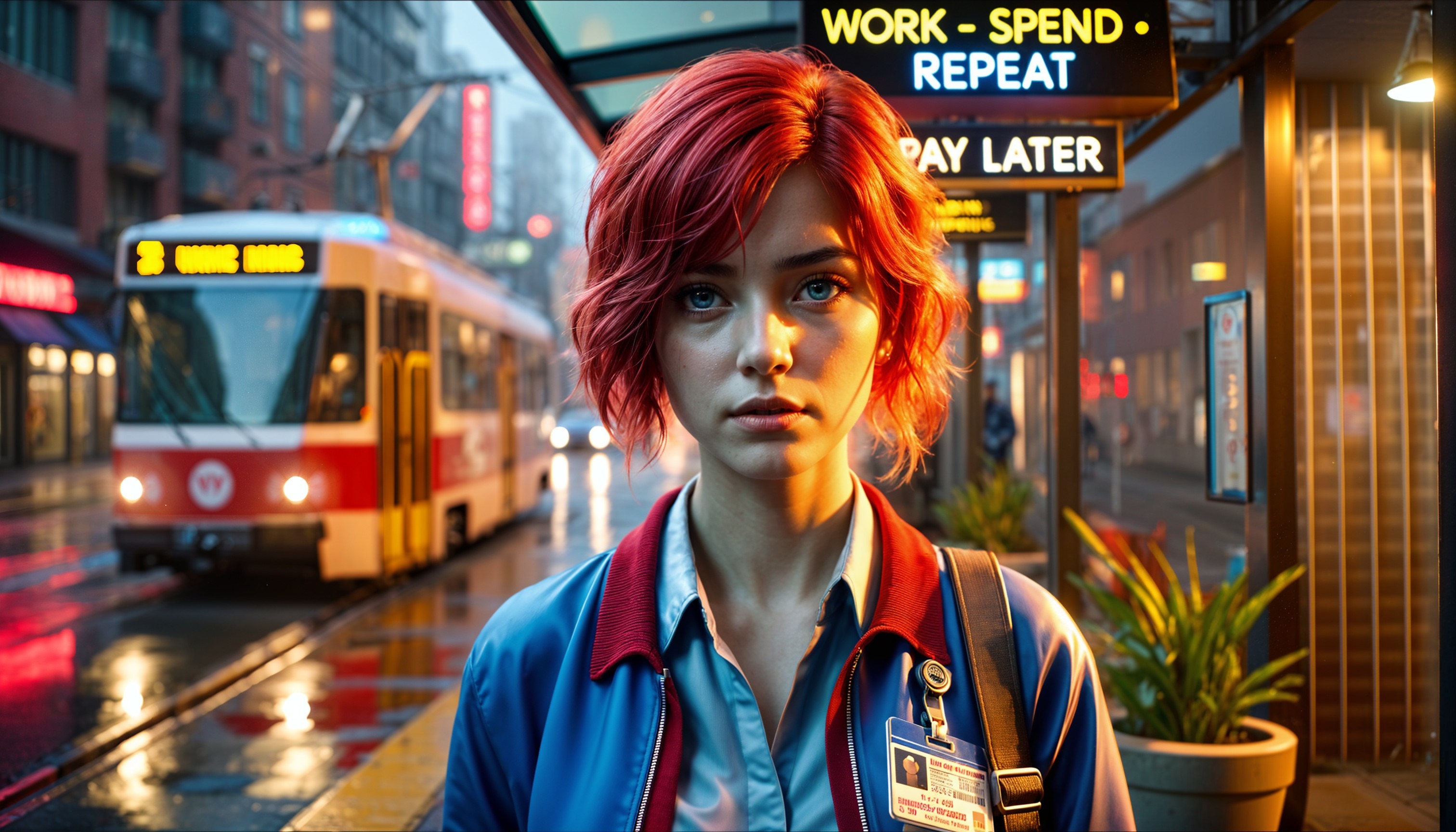 Woman with Red Hair in Urban Dystopian Setting