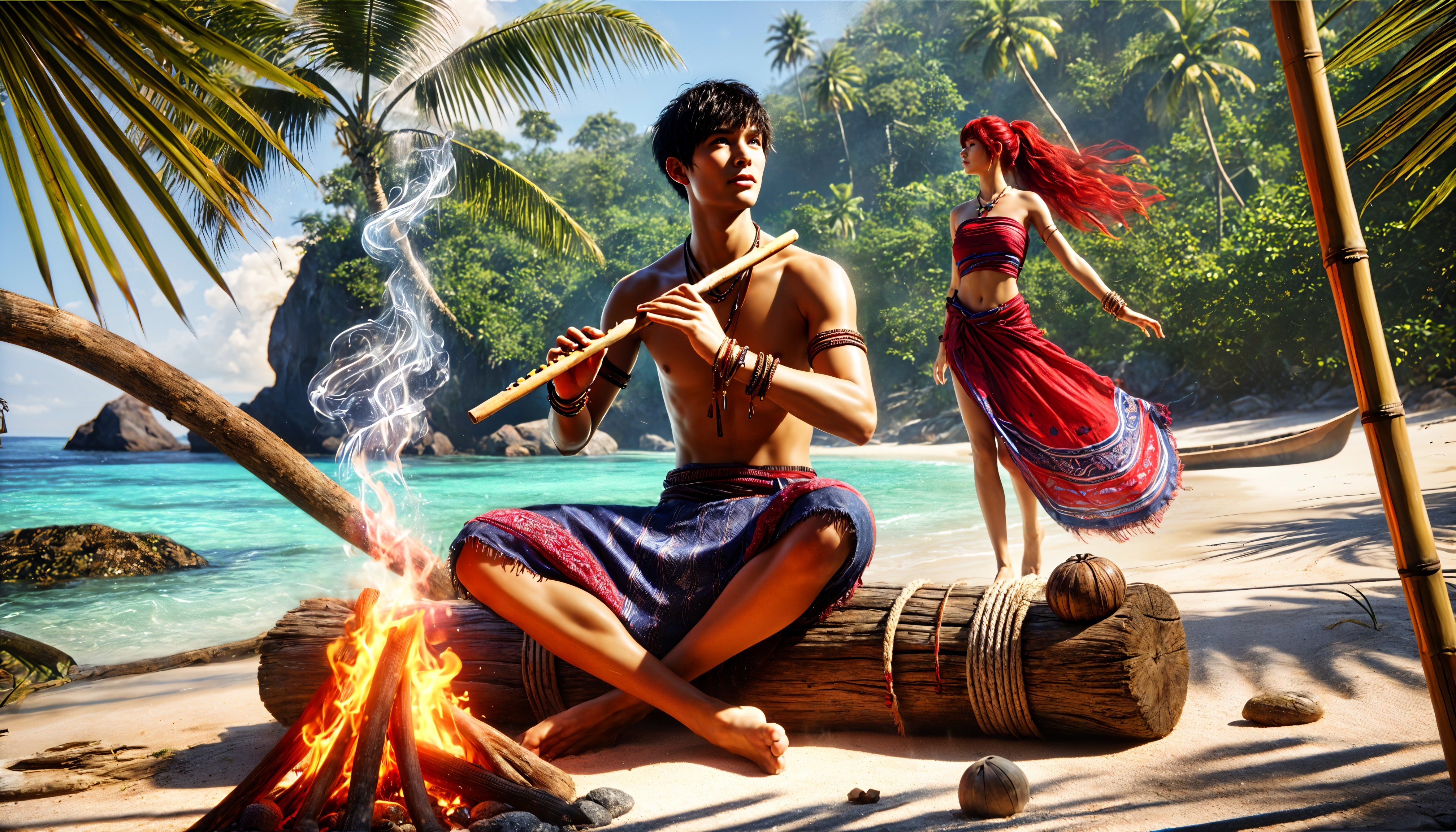 Tropical Beach Scene with Flute Player and Dancer