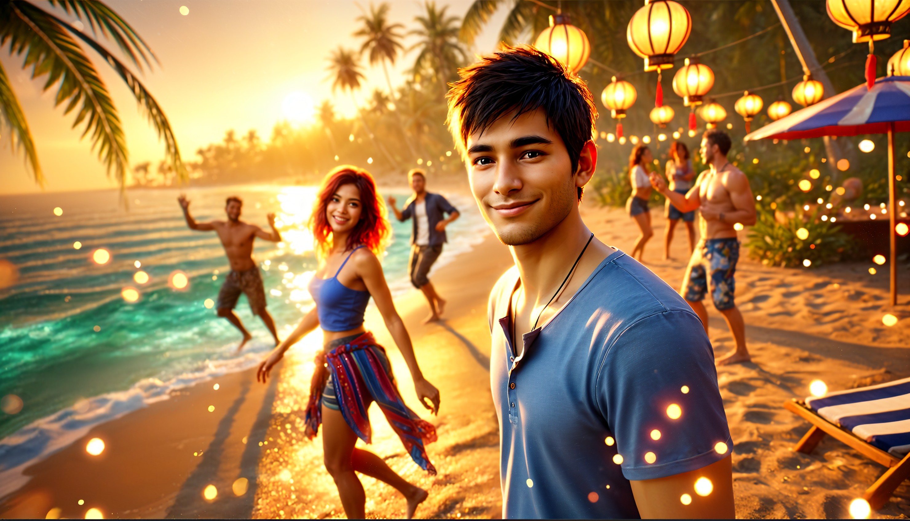 Vibrant Beach Party Scene at Sunset with Friends