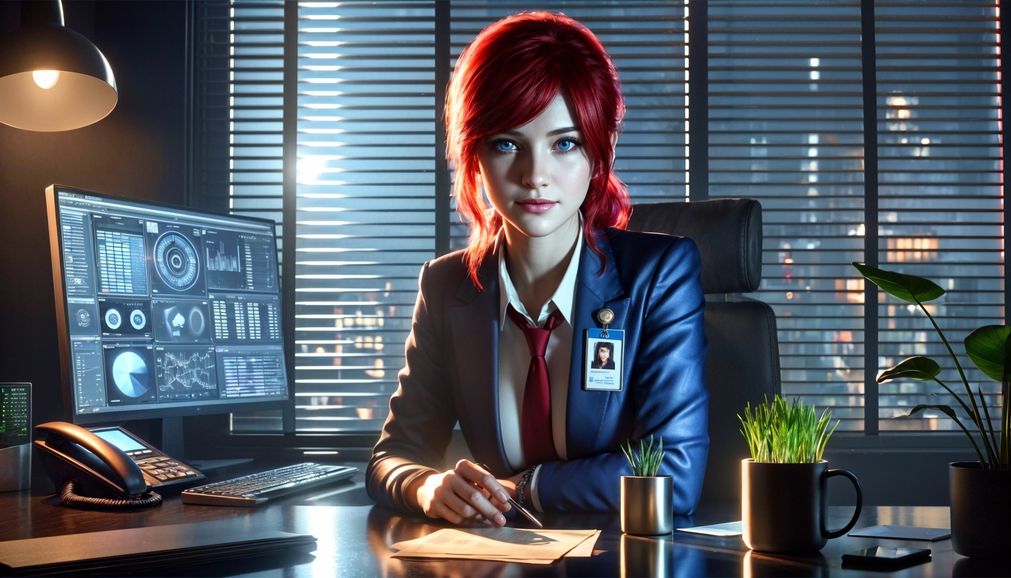 Confident Woman with Red Hair at Modern Desk