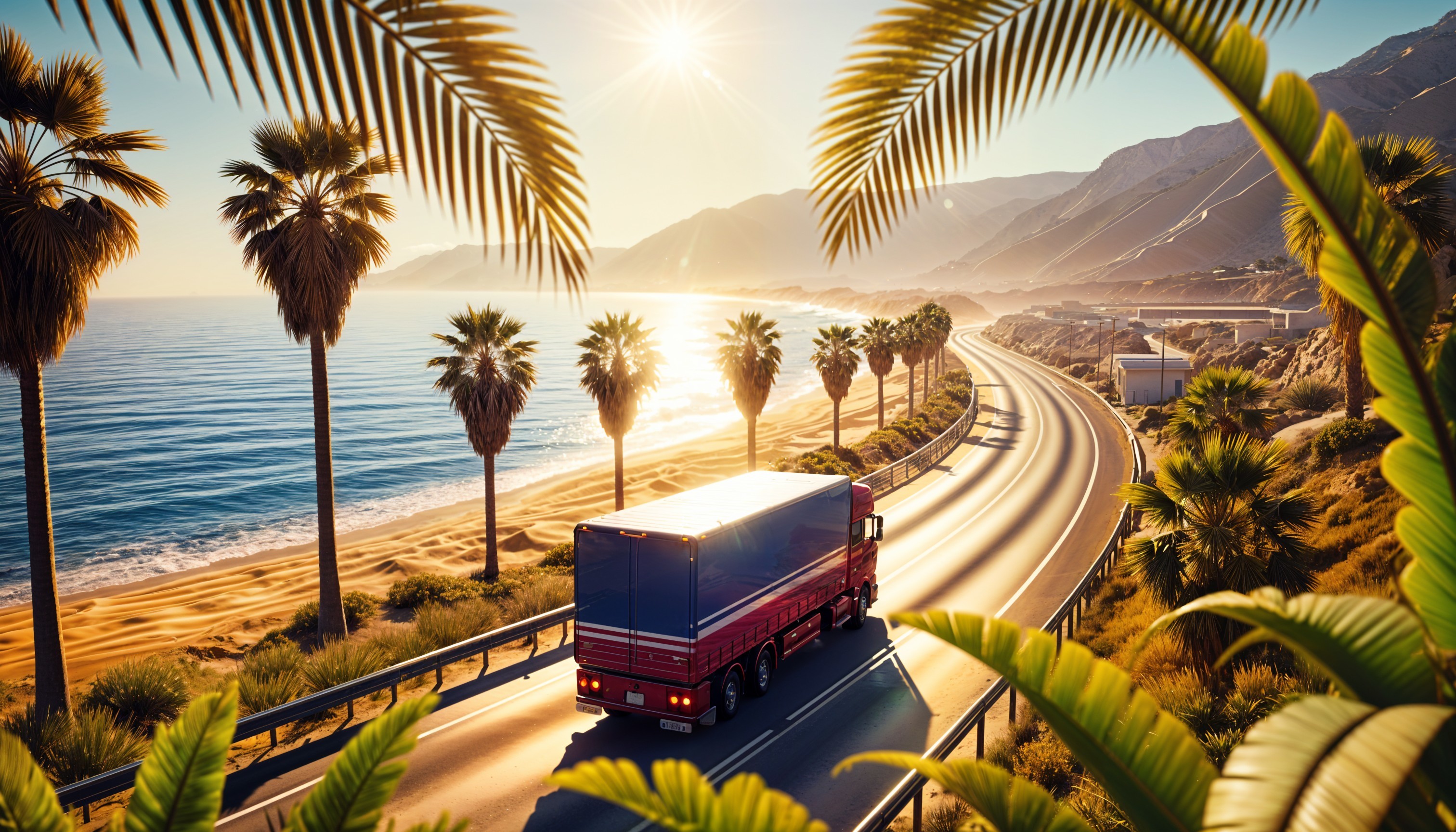 Coastal Landscape with Truck, Ocean, and Palm Trees