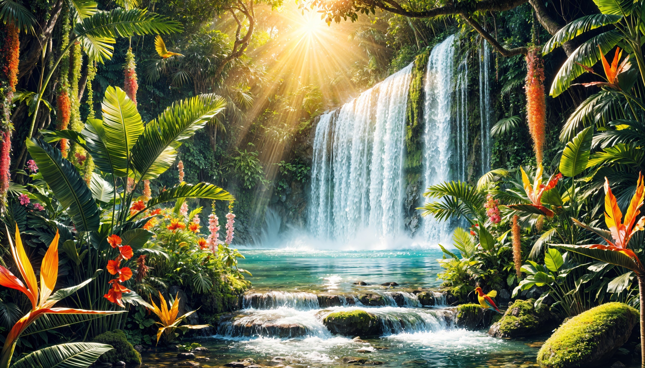 Tropical Paradise with Waterfall and Lush Greenery
