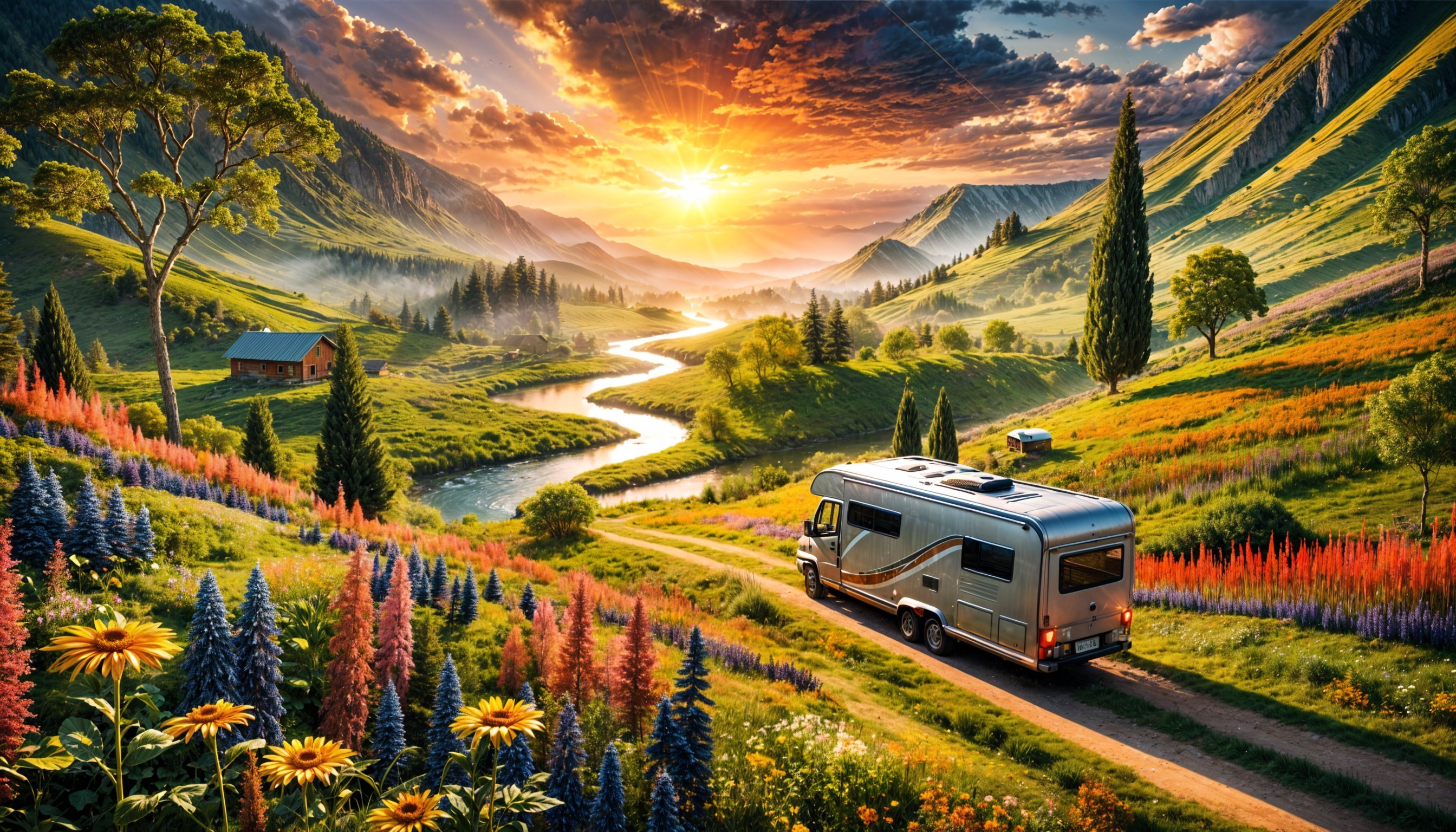 Serene Landscape with Hills, River, and Cabin at Sunset