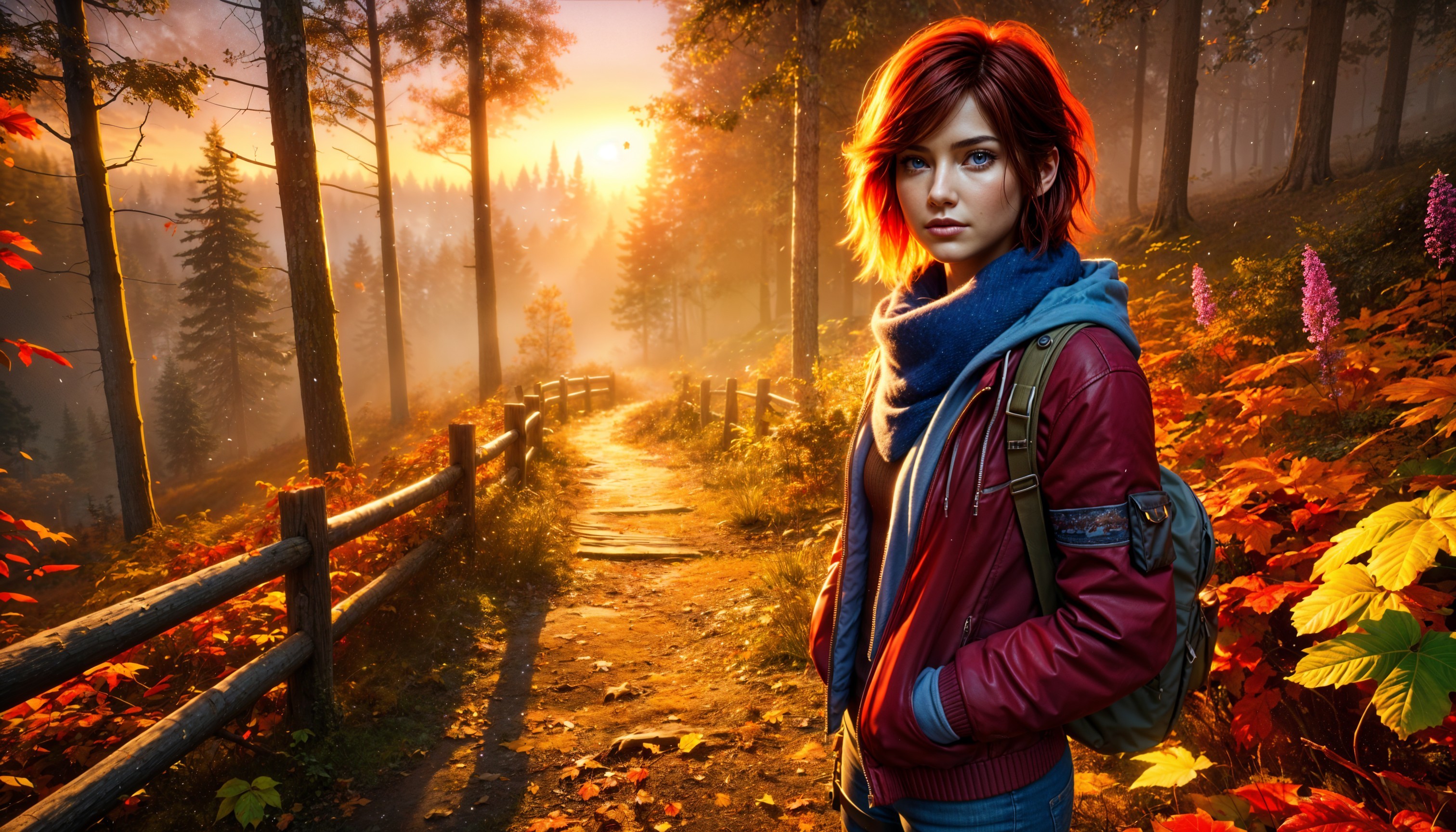 Young Woman in Red Jacket by Forest Path at Sunset