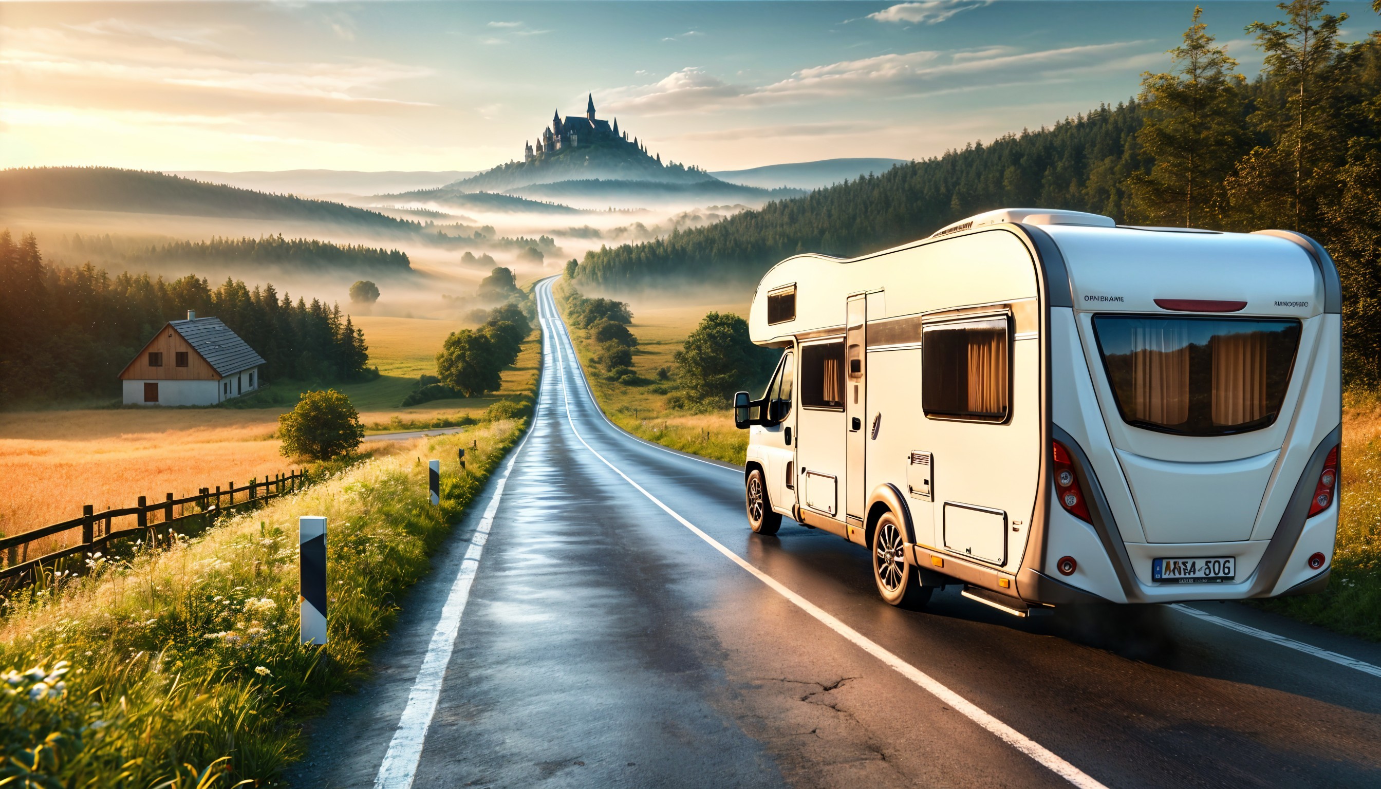 Camper Van in Scenic Landscape with Castle and Hills