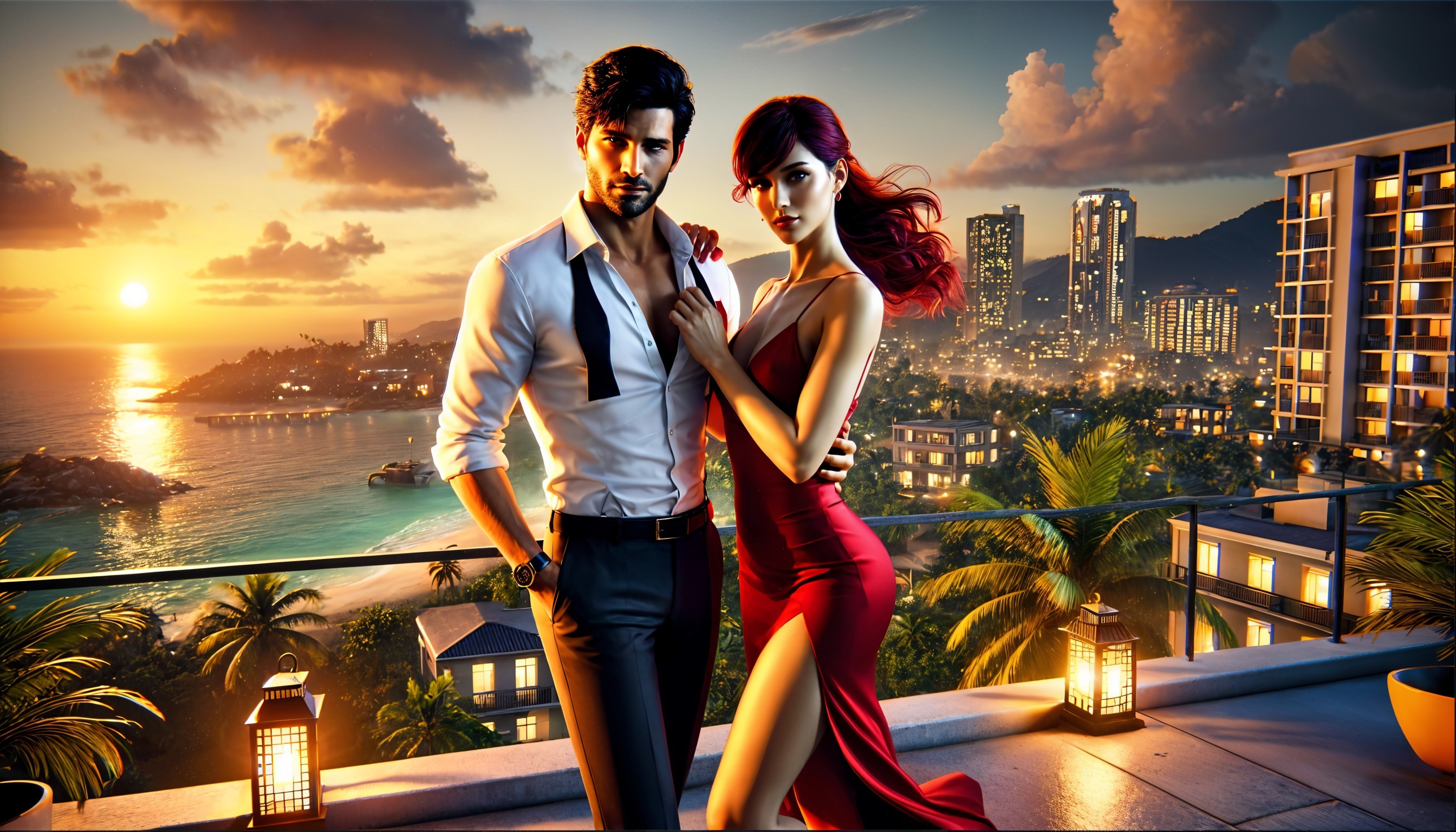 Glamorous Couple on Balcony Overlooking Coastal Sunset