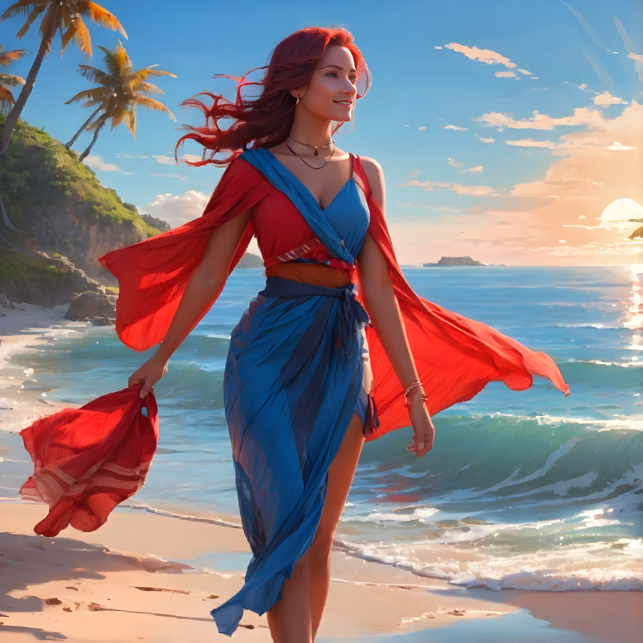 Woman in flowing dress walks on sunset beach