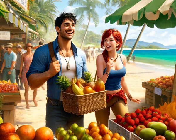 Vibrant beach market with couple and colorful stalls