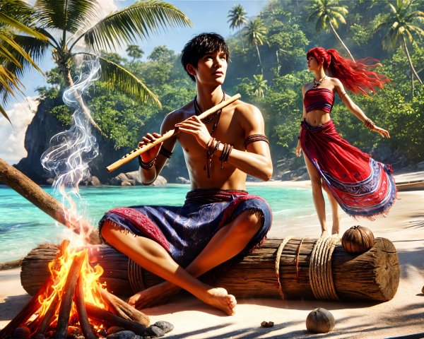 Tropical Beach Scene with Flute Player and Dancer
