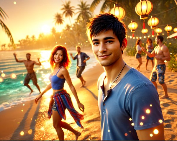 Vibrant Beach Party Scene at Sunset with Friends