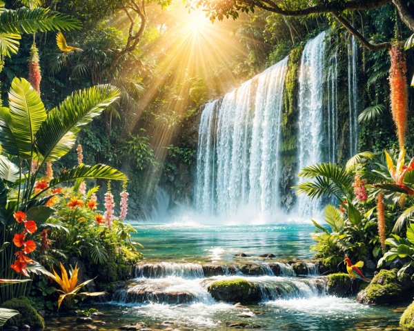 Tropical Paradise with Waterfall and Lush Greenery
