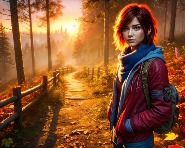 Young Woman in Red Jacket by Forest Path at Sunset