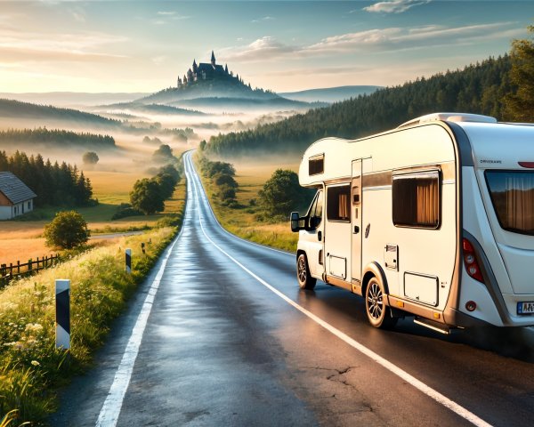 Camper Van in Scenic Landscape with Castle and Hills