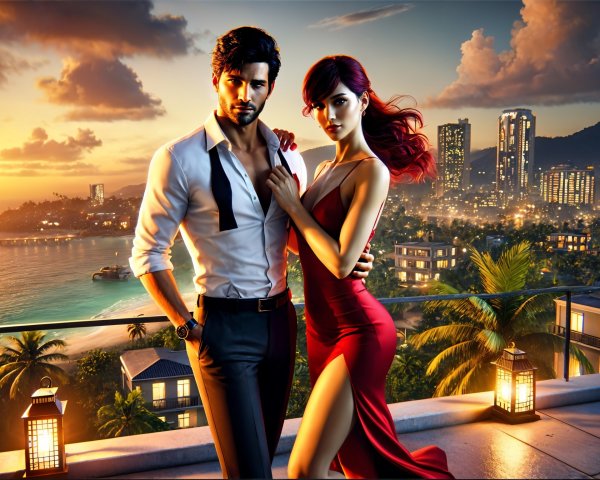 Glamorous Couple on Balcony Overlooking Coastal Sunset