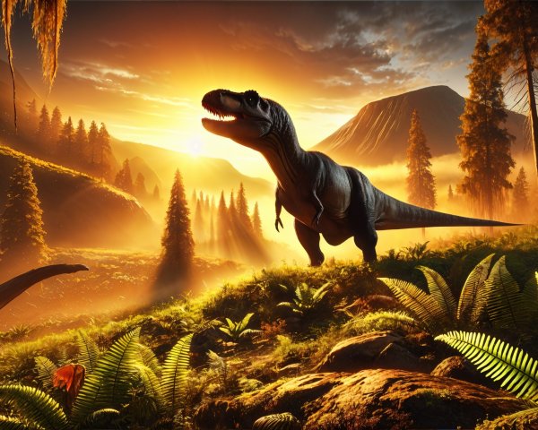 Dinosaur Silhouette at Sunset in Prehistoric Landscape