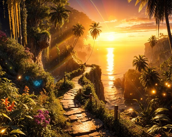 Tropical Pathway with Lush Vegetation and Sunset Ocean