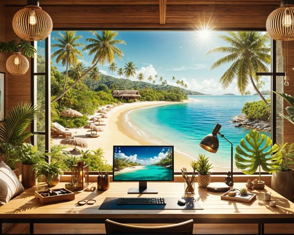 Serene Home Office with Tropical Beach View and Plants