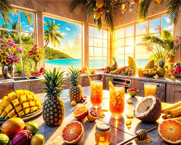 Vibrant Tropical Kitchen with Fresh Fruits and Cocktails