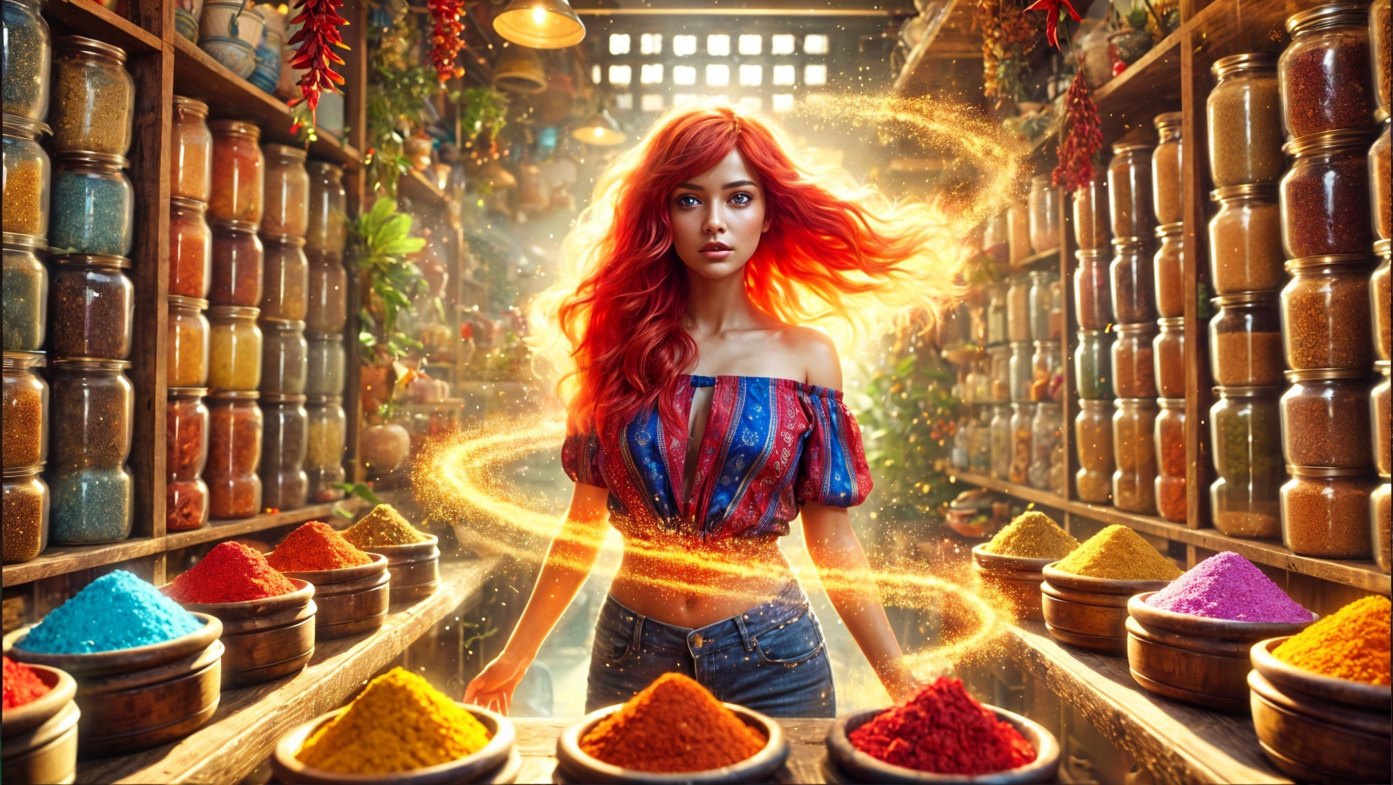 Vibrant Spice Market with Confident Woman and Colors