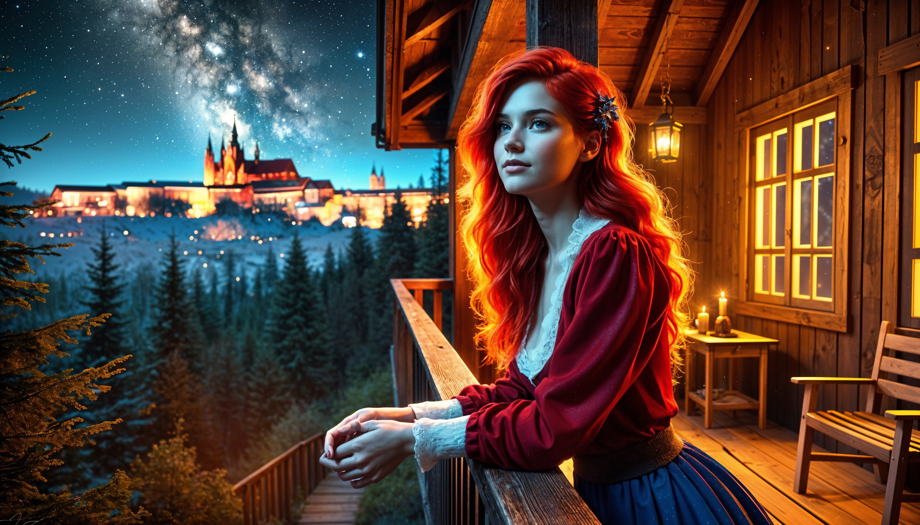 Young woman in rustic attire on balcony at night