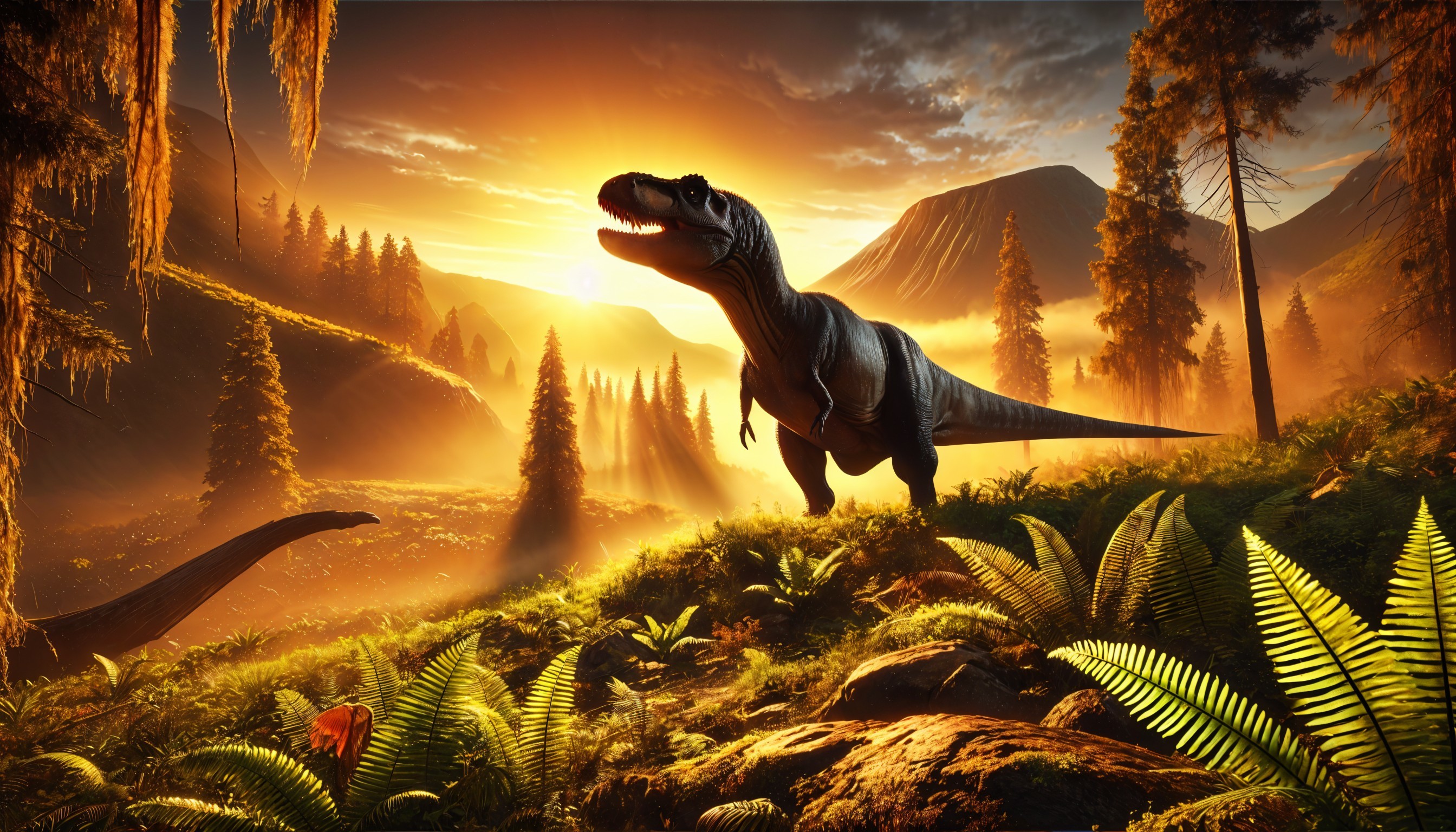 Dinosaur Silhouette at Sunset in Prehistoric Landscape