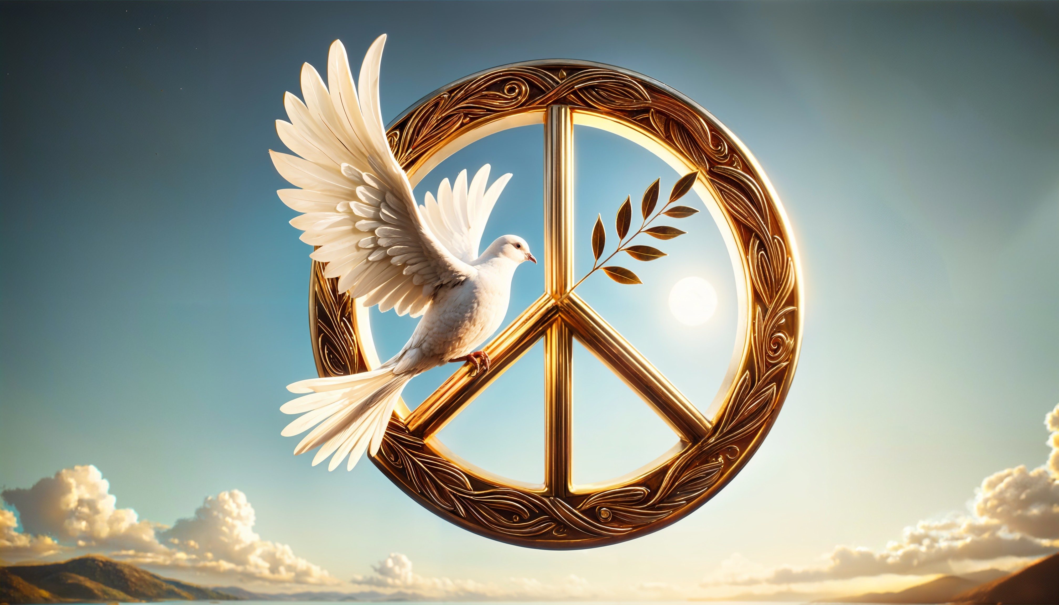 Stylized Golden Peace Symbol with Dove and Olive Branch