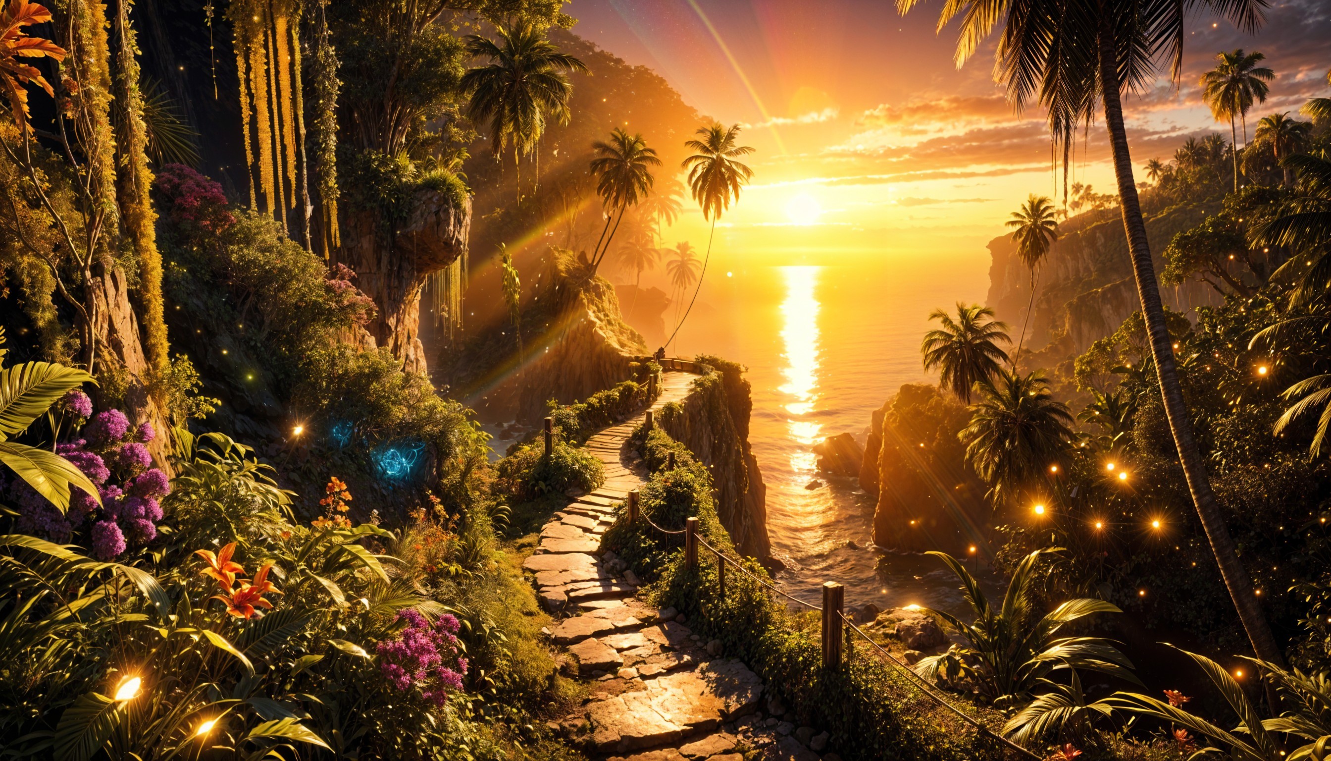Tropical Pathway with Lush Vegetation and Sunset Ocean
