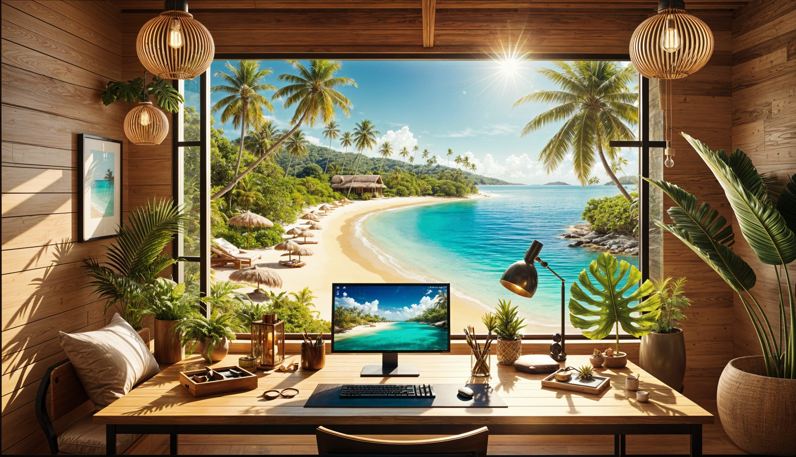 Serene Home Office with Tropical Beach View and Plants