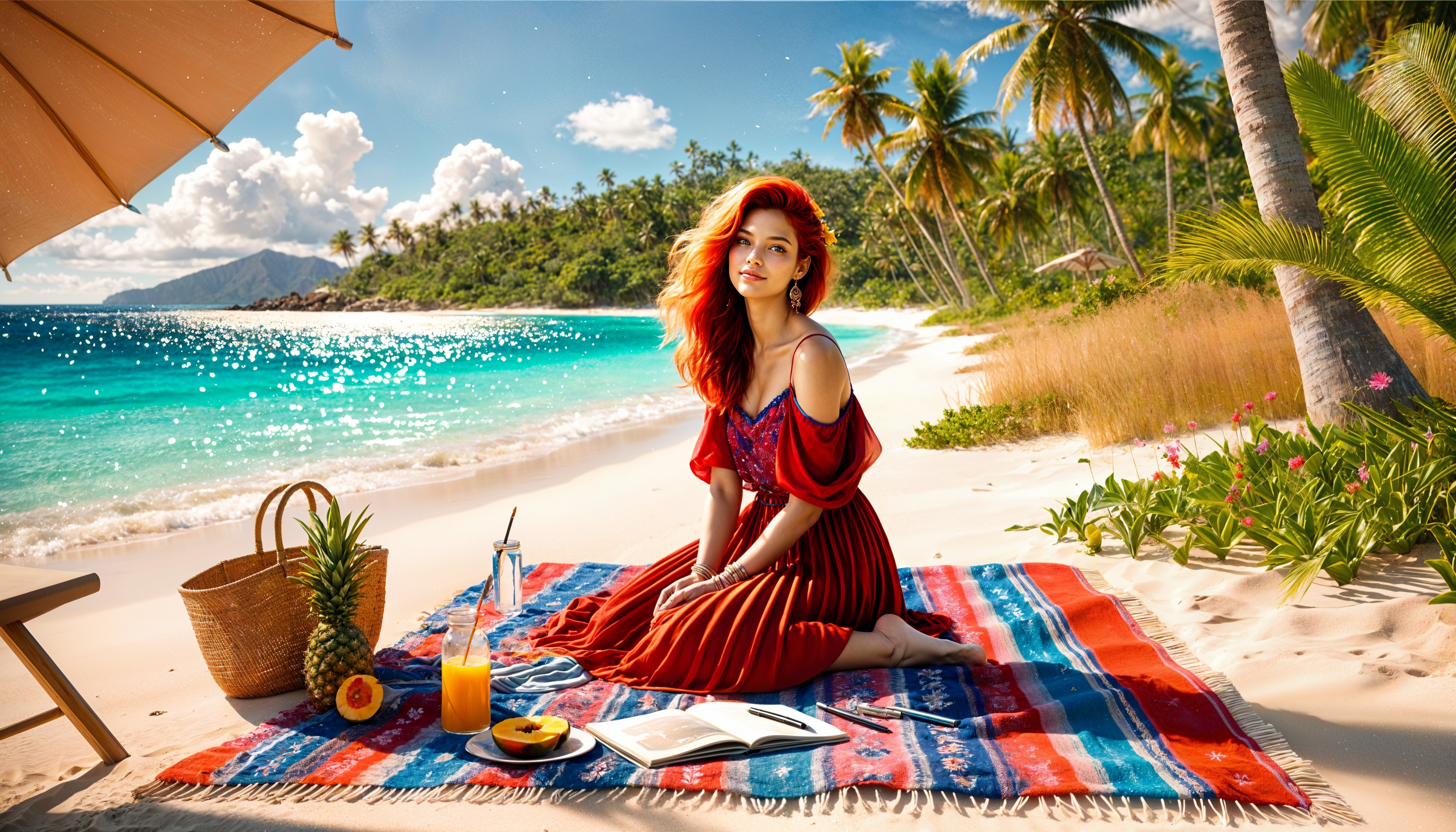 Vibrant Beach Scene with Tropical Elements and Relaxation