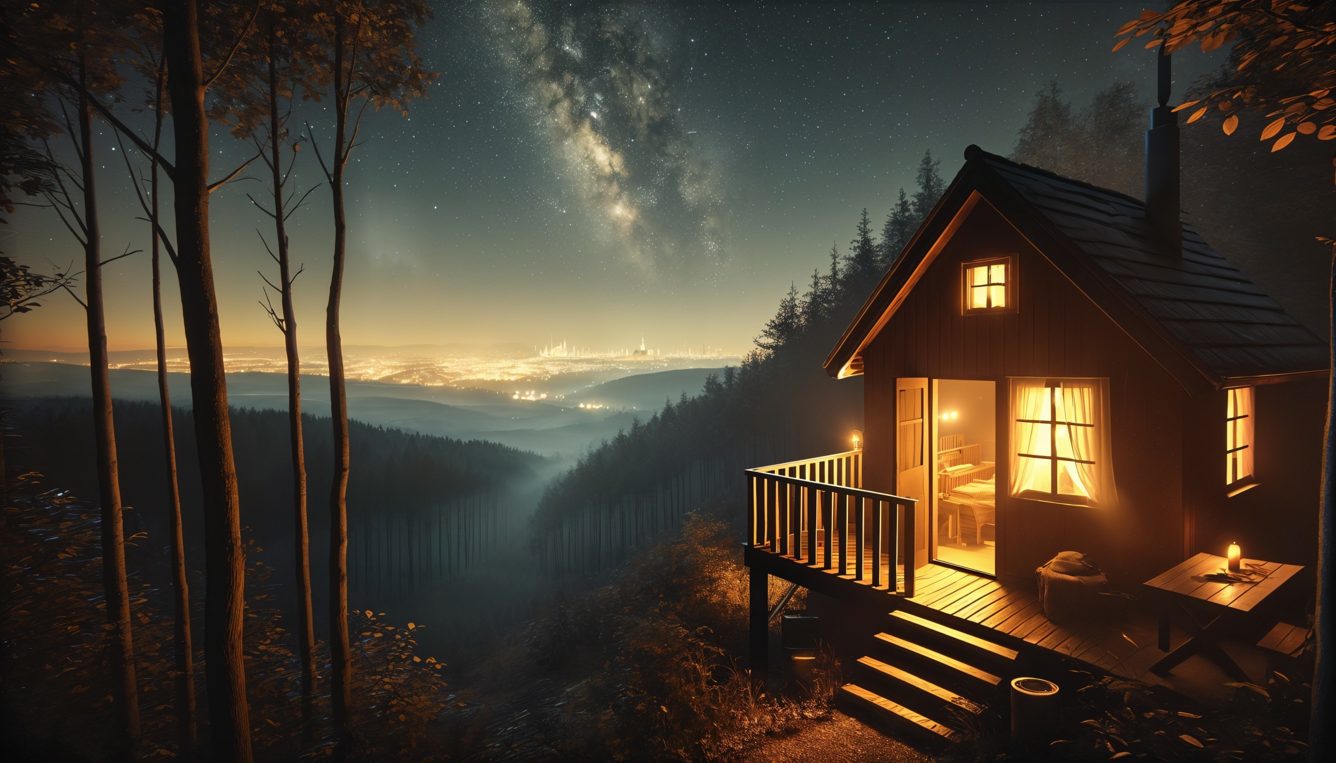 Cozy Cabin in Dark Forest Overlooking City Lights