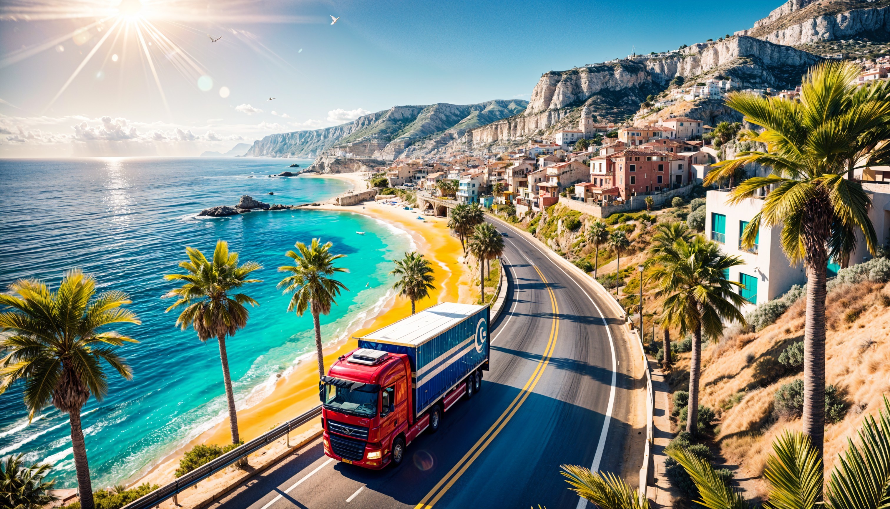 Coastal Scene with Red Truck and Azure Waters