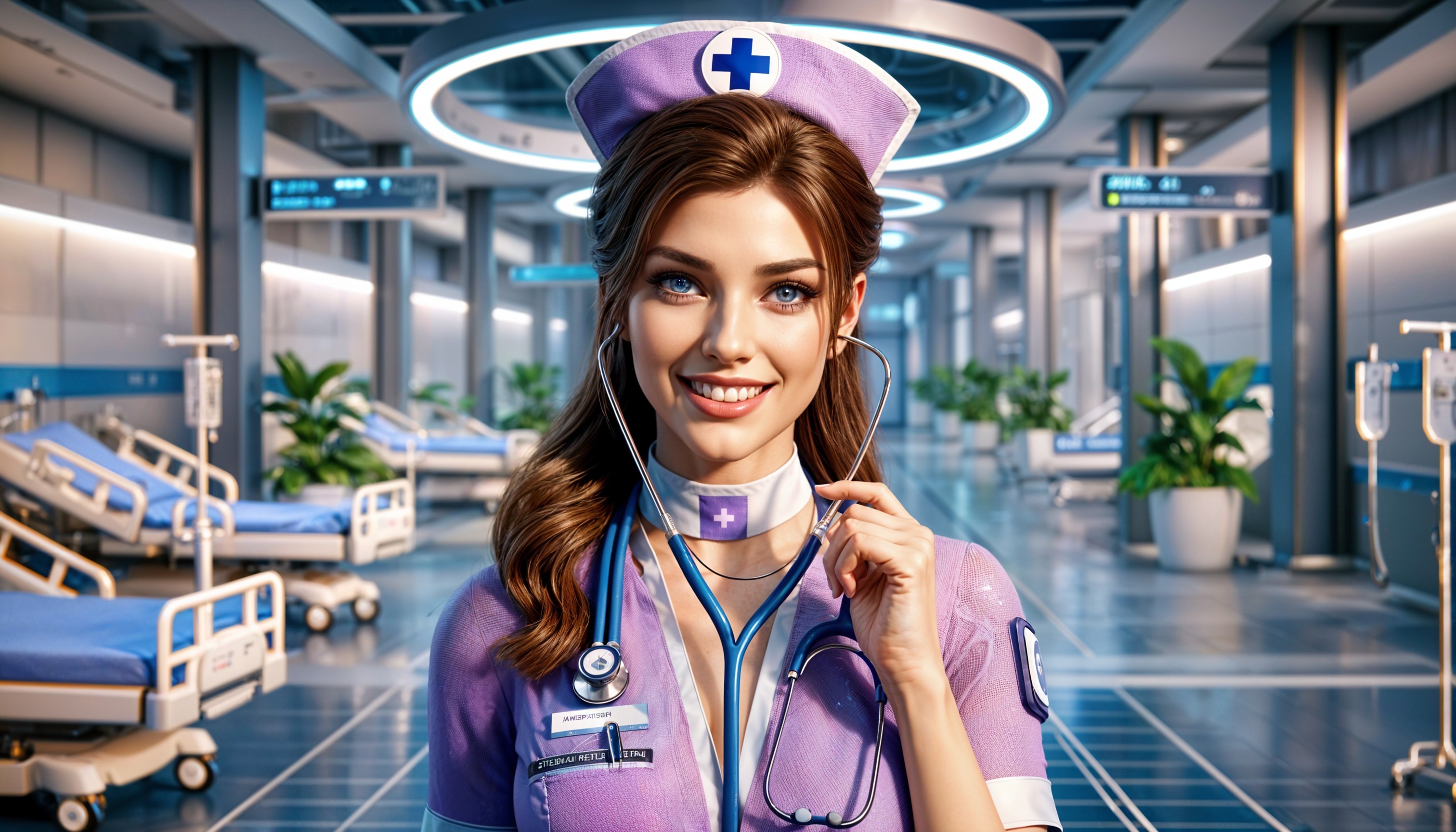 Smiling Nurse in Modern Hospital Setting with Stethoscope