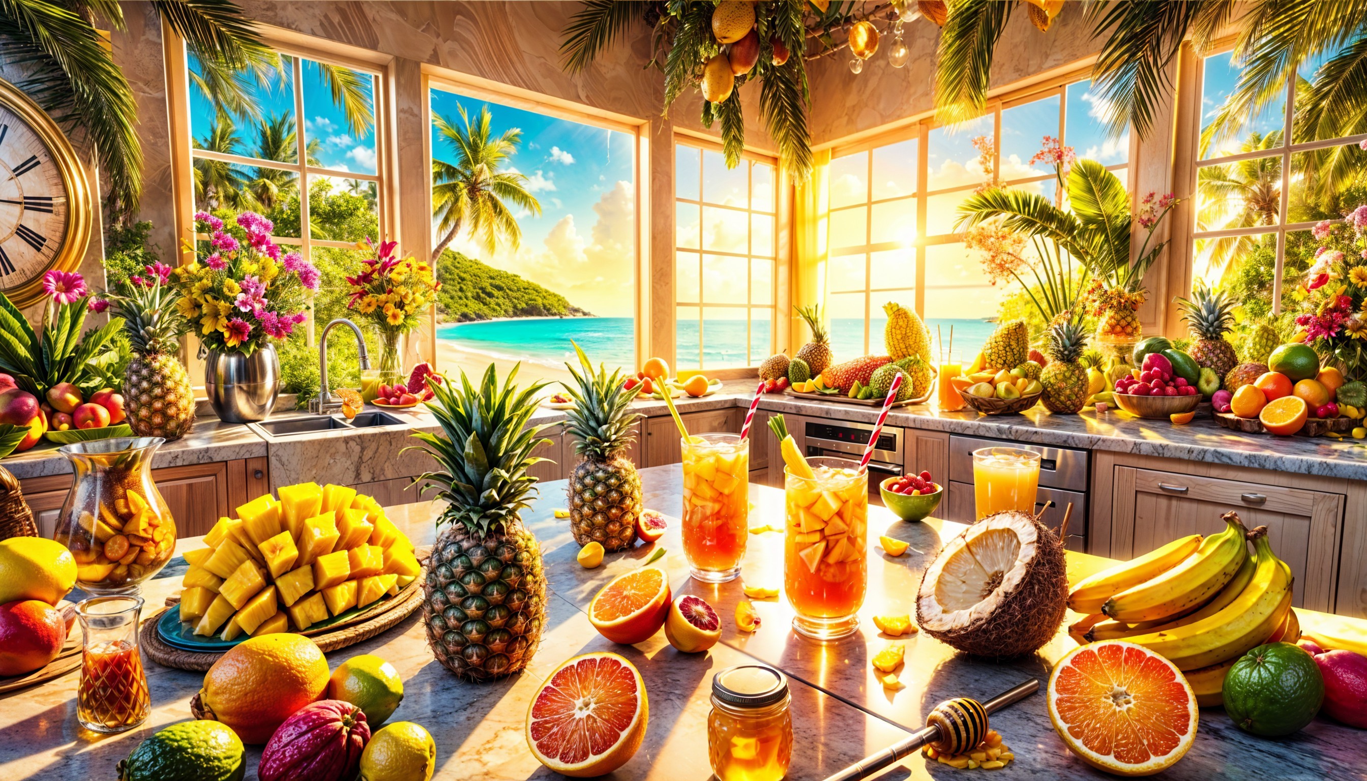 Vibrant Tropical Kitchen with Fresh Fruits and Cocktails