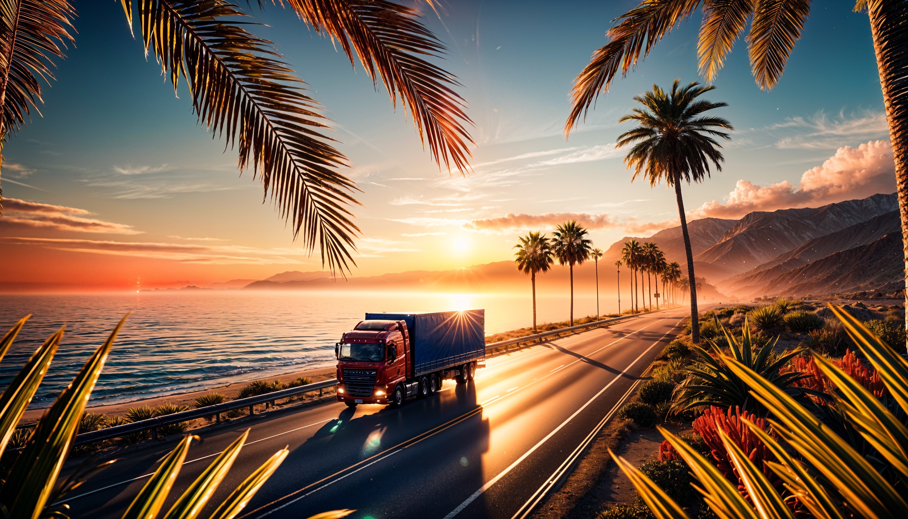 Coastal Road at Sunset with Palm Trees and Ocean