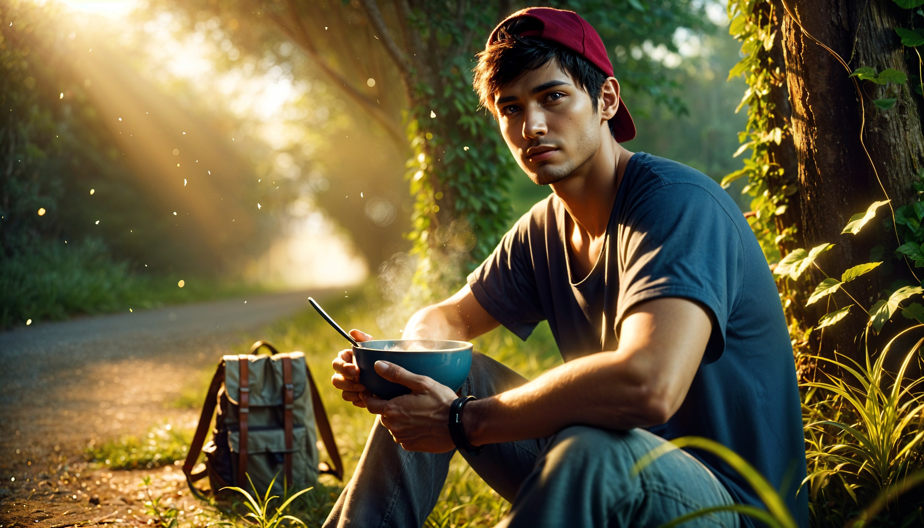 Young man with food on grassy path in sunlight