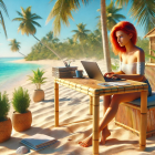 Woman with red hair typing at beachside bamboo desk