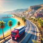 Coastal Scene with Red Truck and Azure Waters