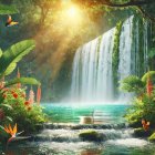 Tropical Paradise with Waterfall and Lush Greenery