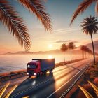 Coastal Road at Sunset with Palm Trees and Ocean