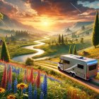 Serene Landscape with Hills, River, and Cabin at Sunset