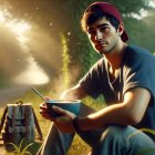 Young man with food on grassy path in sunlight