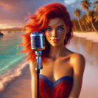 Woman with Red Hair at Sunset Beach Scene